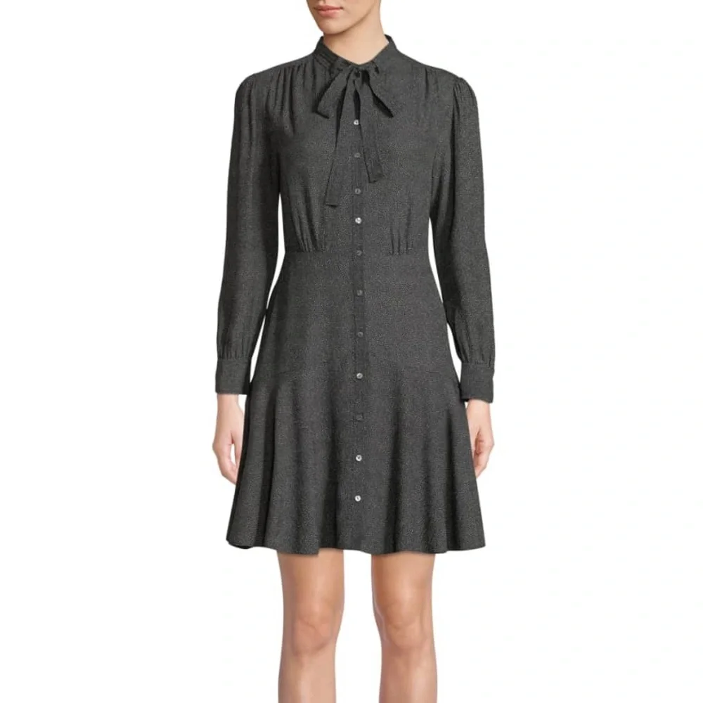 REBECCA TAYLOR Tie-Neck Button-Front Long-Sleeve Sprinkle-Dot Silk Dress - Picture 3 of 10